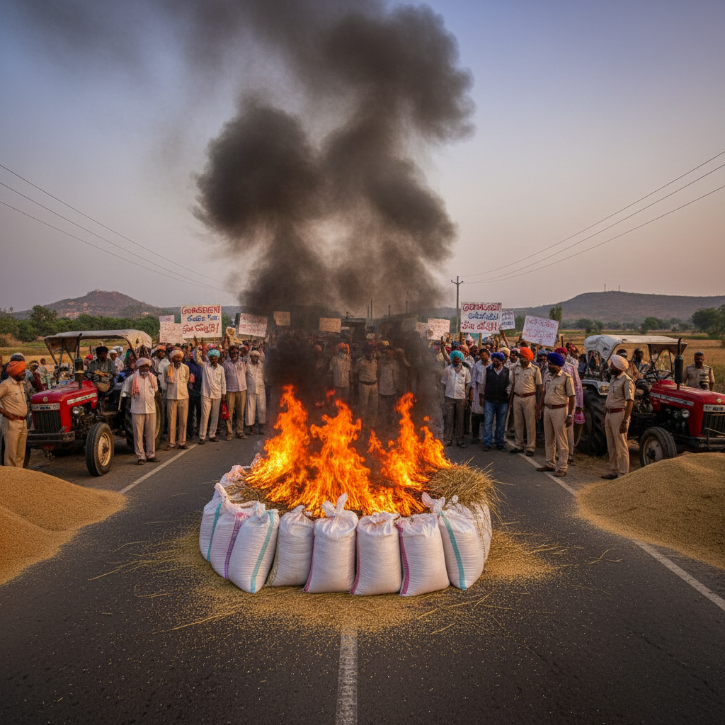 Yadadri Bhuvanagiri Farmers Block Road and Burn Paddy Sacks Over Procurement Delays