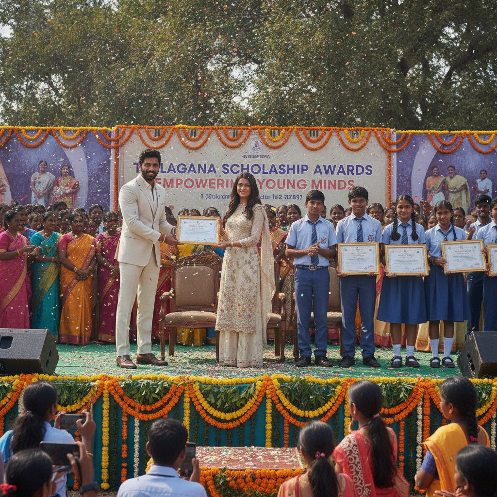 Vijay Deverakonda and Rashmika Mandanna Award Scholarships to 180 Tummanpet Students