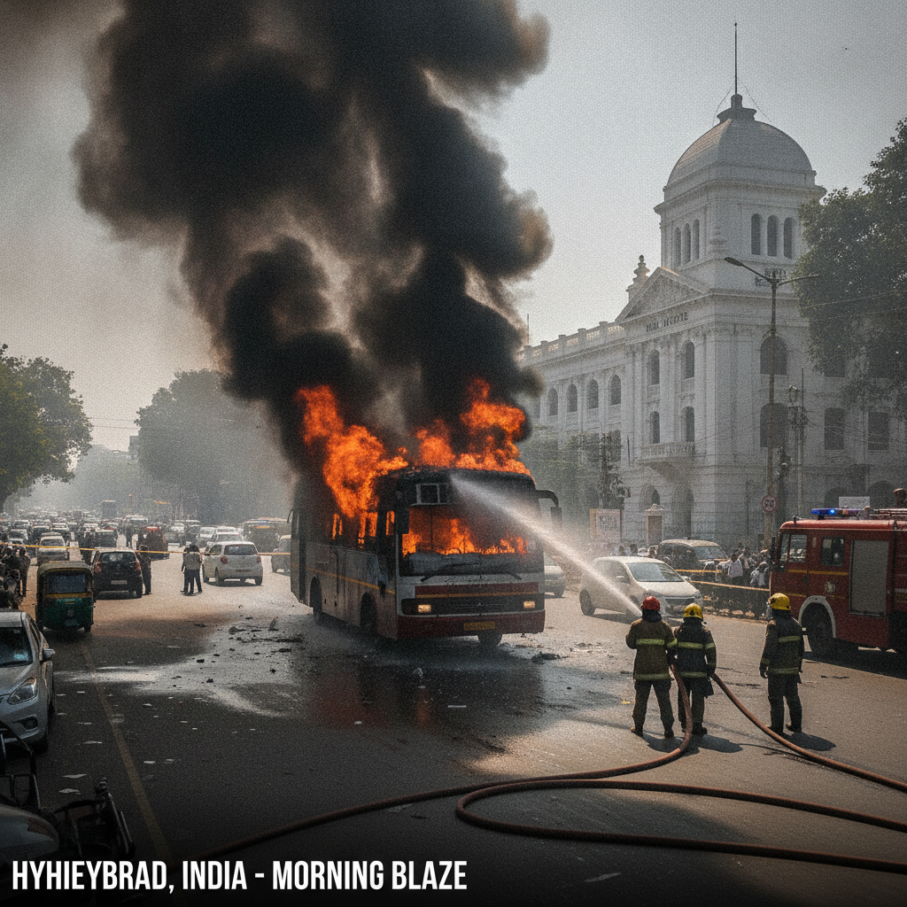 Private Bus Catches Fire Near Haj House in Nampally