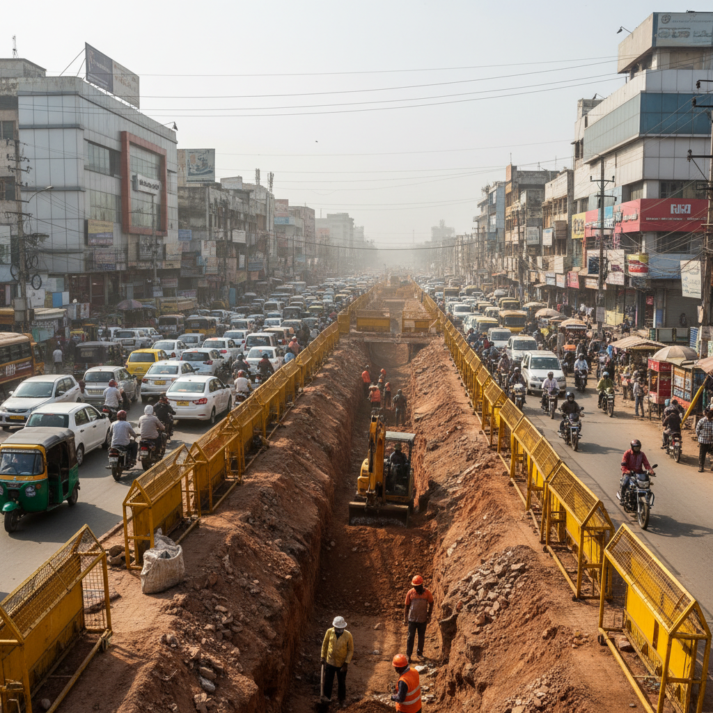 Stormwater Drain Works Block Ameerpet Road and Cause Severe Traffic Jam