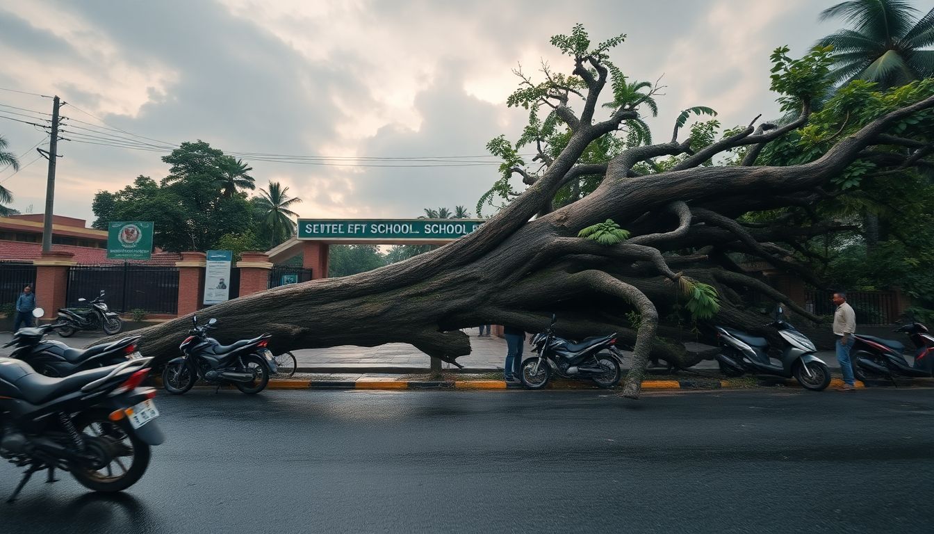 Uprooted Tree Outside Secunderabad School Narrowly Misses Children