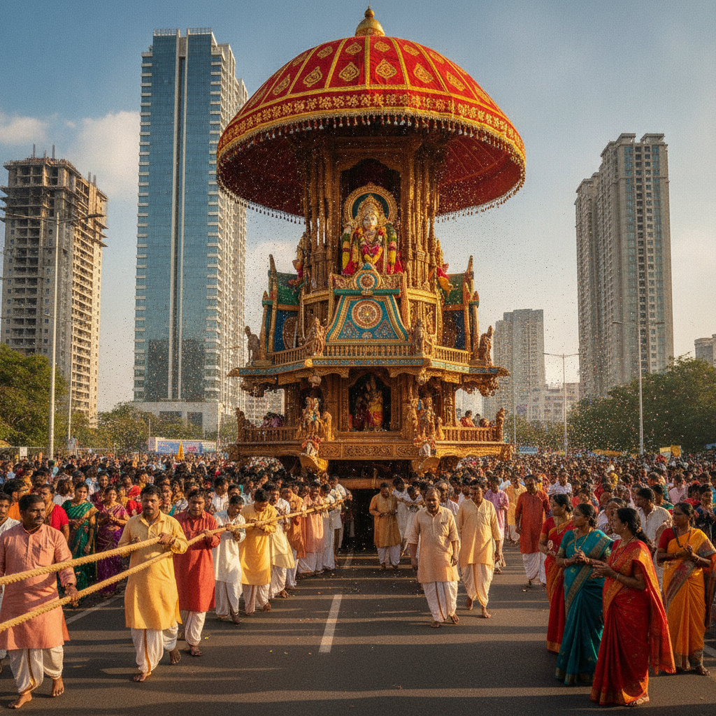 Hundreds Pull Chariot at Jagannatha Ratha Yatra in Kokapet