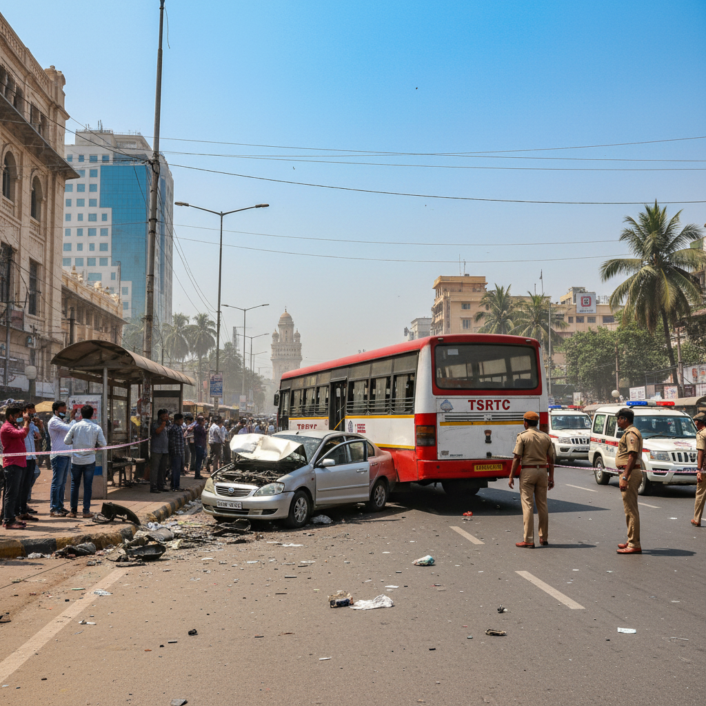 Car Rams Into Stationary TGSRTC Bus at Ramanthapur in Hyderabad