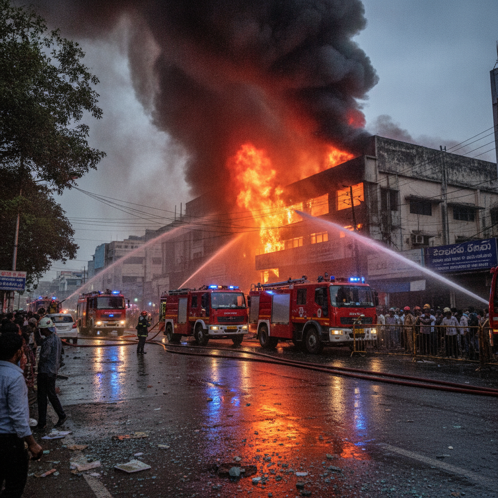 Seven Fire Tenders Battle Massive Blaze at Ameerpet's Helmte Bazaar