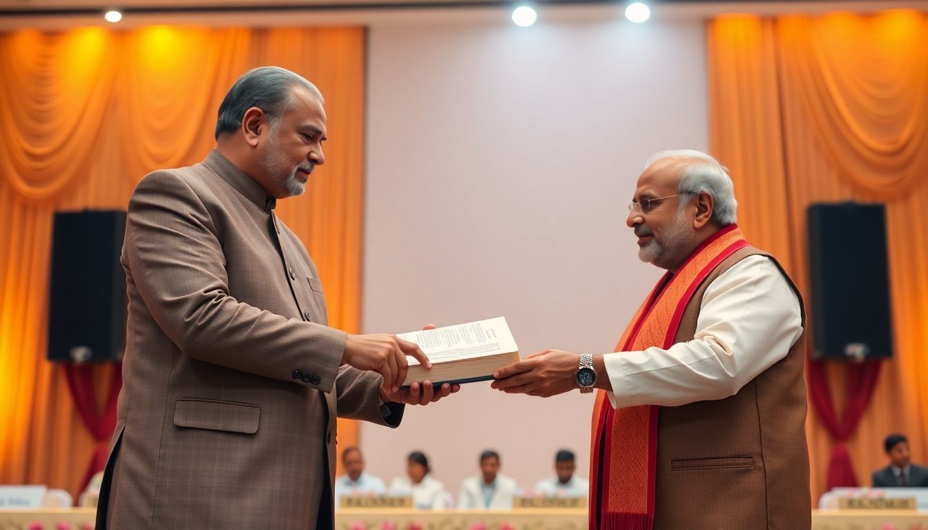 Krishna Mohan Rao Presents Book on Modi Governance to Nitin Nabin at Ghatkesar
