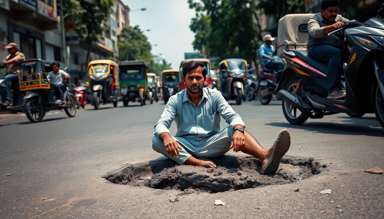 Man Protests Near Pothole on Imlibun-Putlibowli Road in Hyderabad
