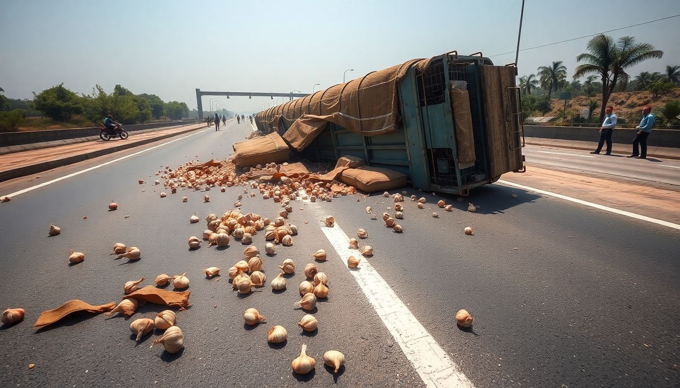 Locals Take Garlic Bags After Lorry Overturns On NH-161 In Sangareddy