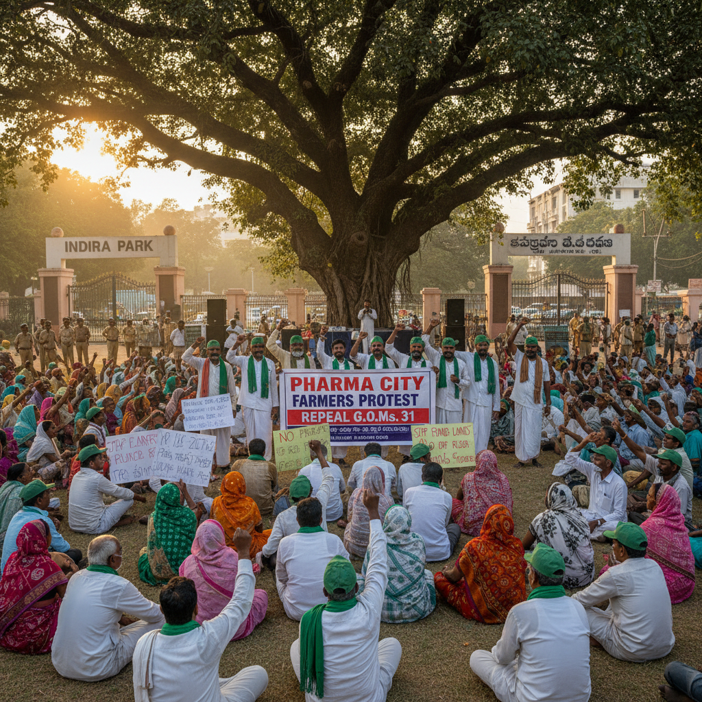 Pharma City Farmers Protest at Indira Park Demanding Repeal of G.O.Ms. 31